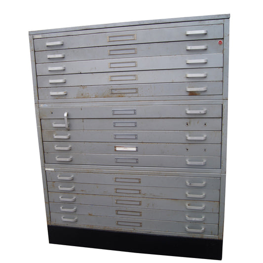 Set of three 47″ vintage light grey metal stacking flat file cabinets – industrial storage from Metro Retro Furniture