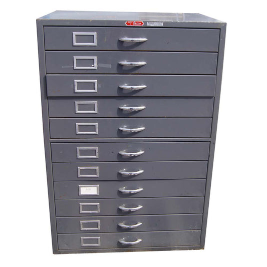 Vintage dark grey metal flat file cabinet with 11 drawers – retro storage from Metro Retro Furniture