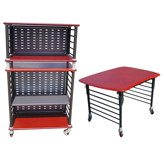 Haworth adjustable work table with metal utility storage cart, featuring ergonomic design and industrial modern office style