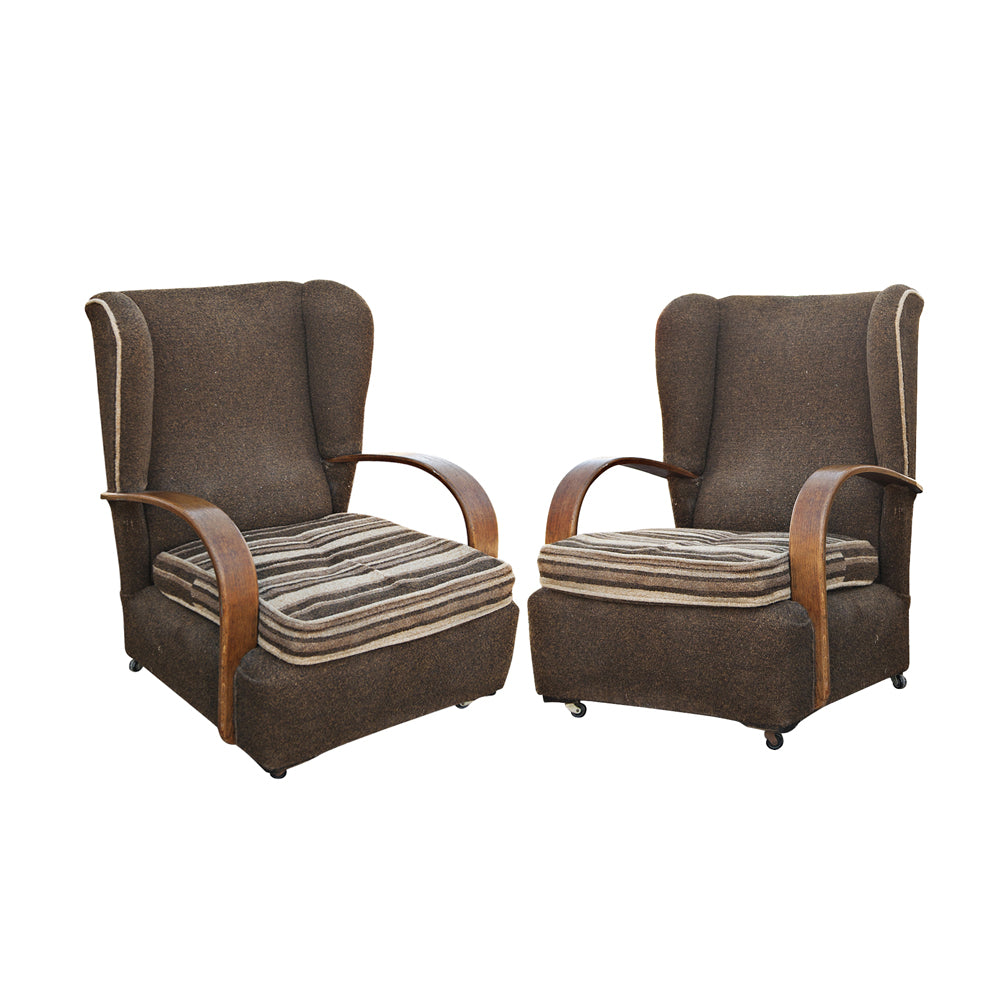 Vintage Art Deco Scrolled Arms Wing Chairs Pair