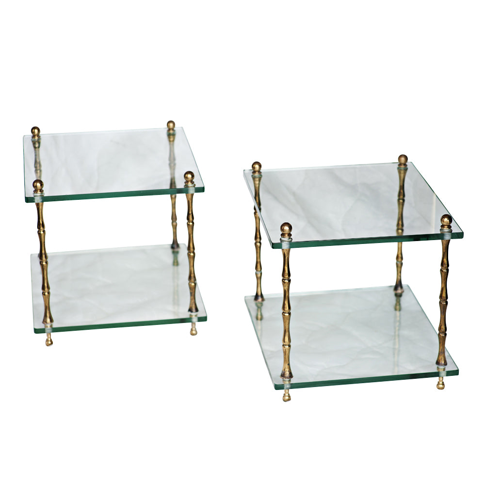 Pair of Baker Glass and Brass Faux Bamboo Occasional Tables