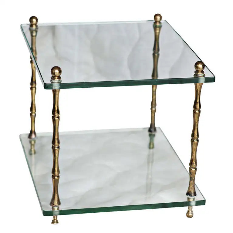 Pair of Baker Glass and Brass Faux Bamboo Occasional Tables