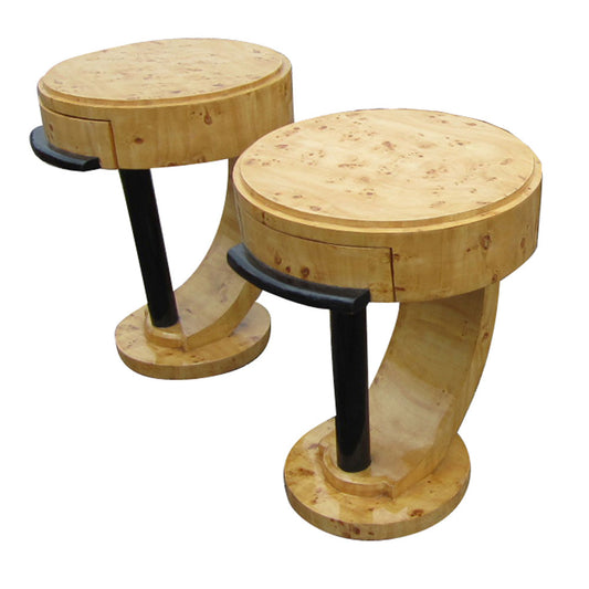 2 Art Deco Style Burled Wood Nightstand End Tables