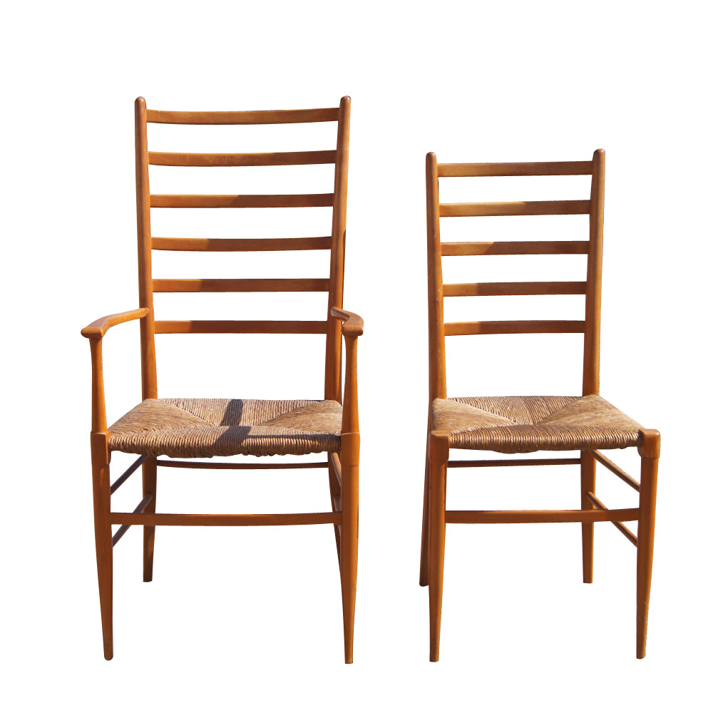 Set of Ladder Back Italian Dining Chairs Six Side chairs and Two Armchairs in the Style of Gio Ponti