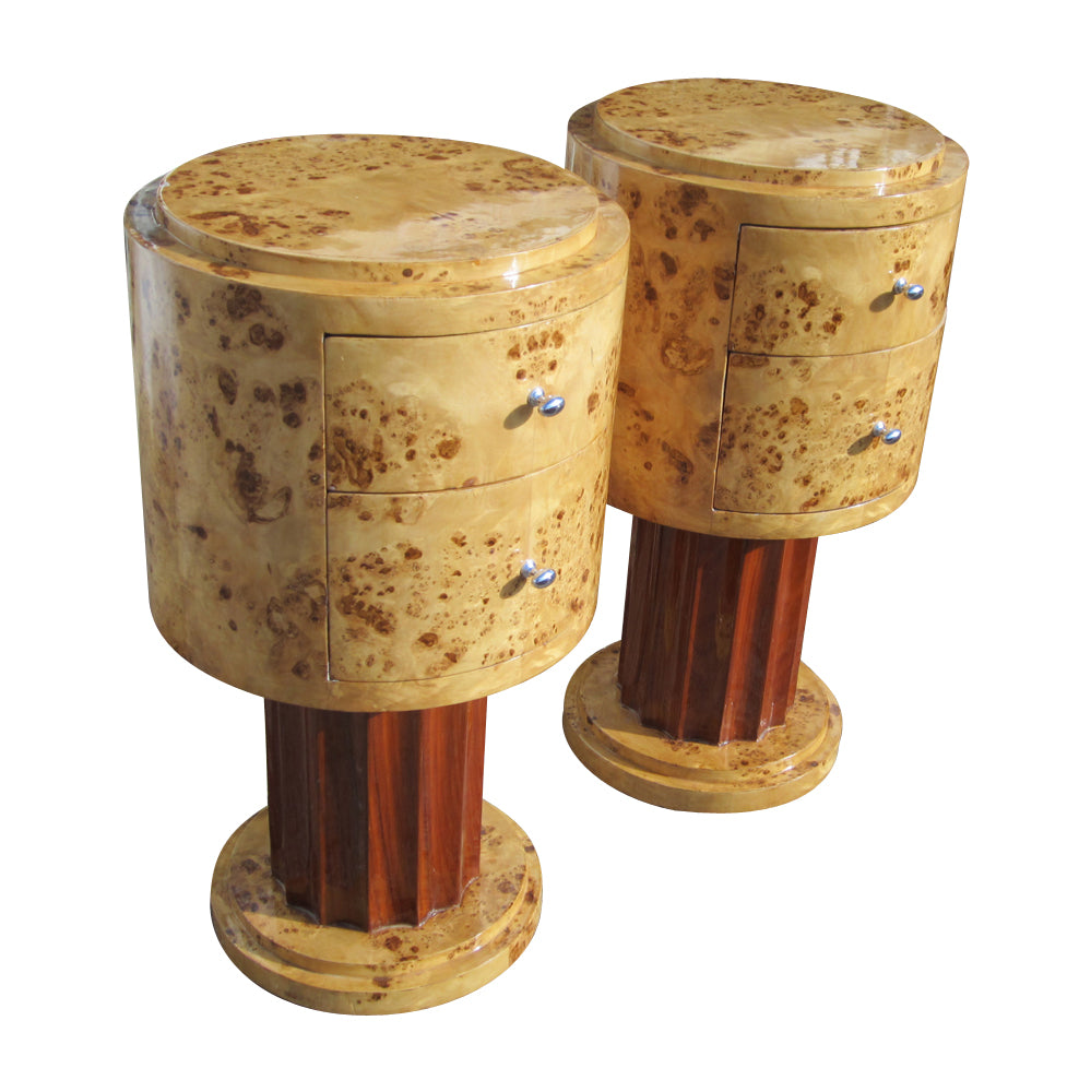 Pair of 29.5″ Art Deco Style Two Drawer Maple Burl Side End Tables