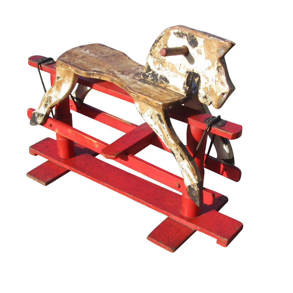 Rustic Rocking Horse 37″ Vintage Hand Painted Wooden Rocking Horse | Metro Retro Furniture