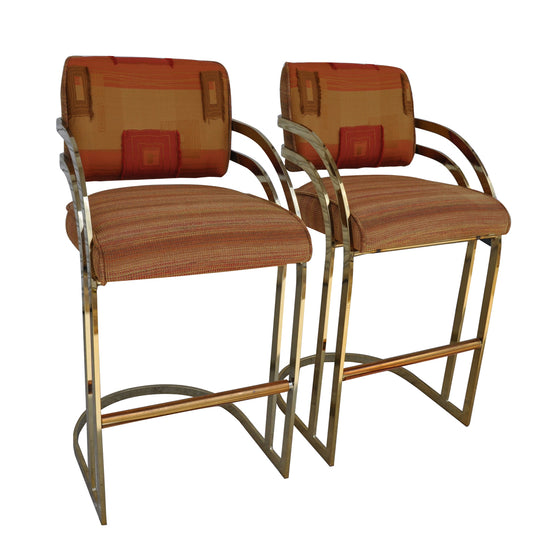 Vintage Mid Century Milo Baughman Flat Bar Gold Brass Cantilever Bar Stools