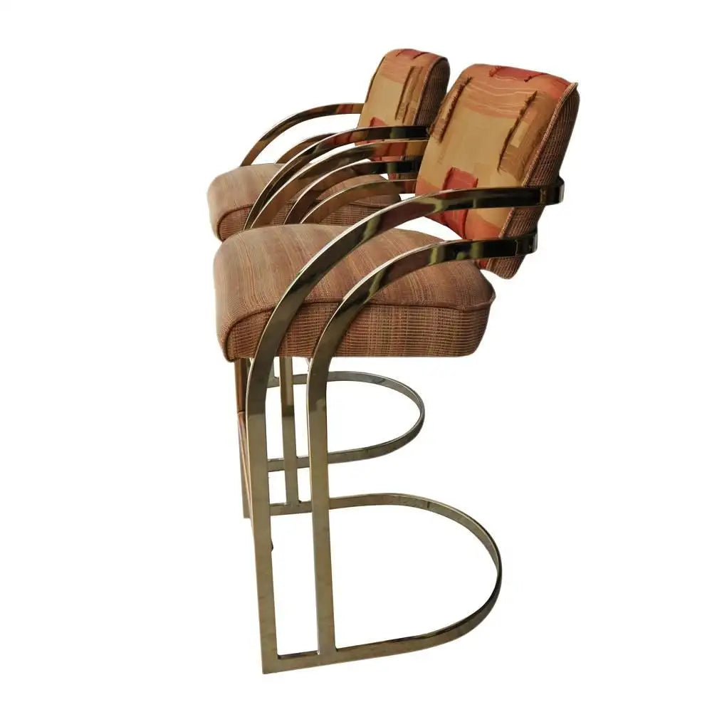 Vintage Mid Century Milo Baughman Flat Bar Gold Brass Cantilever Bar Stools