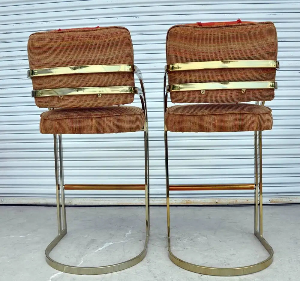 Vintage Mid Century Milo Baughman Flat Bar Gold Brass Cantilever Bar Stools