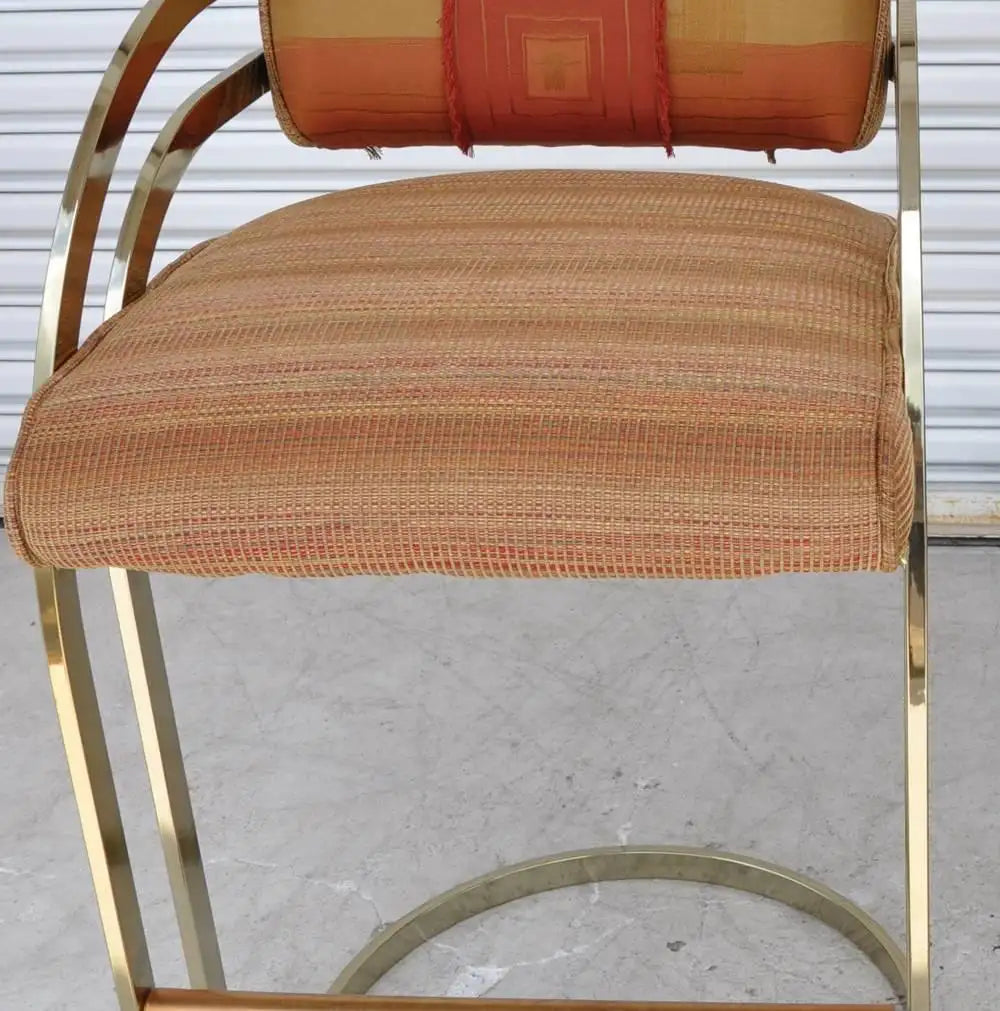 Vintage Mid Century Milo Baughman Flat Bar Gold Brass Cantilever Bar Stools