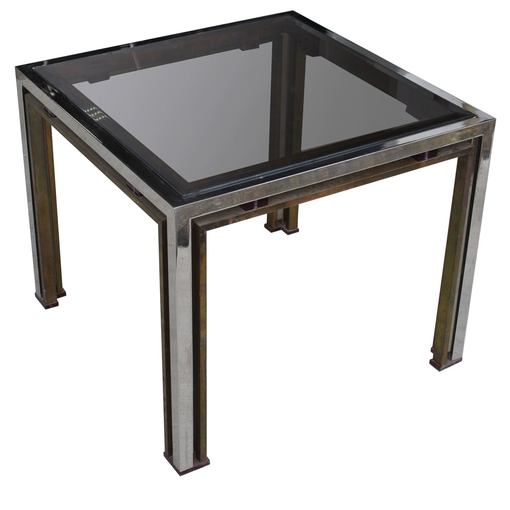 Mid Century Italian 23.5″ Square Low Table Brass Chrome Smoked Glass by Zevi