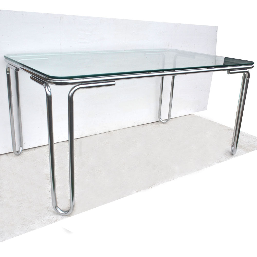 Vintage Mid Century 60″ wide Thonet Style Chrome Glass Paper Clip Dining Table