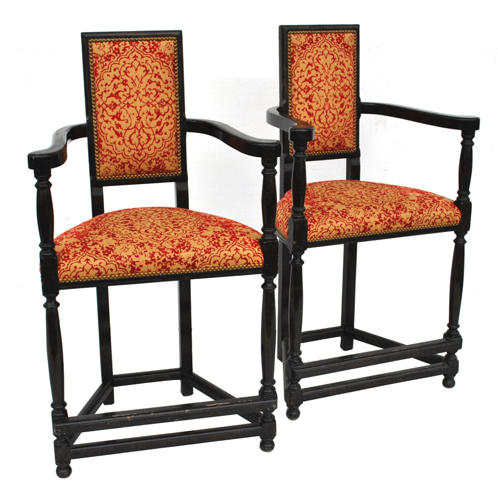 Pair Louis XIII Style Ebonized Pub Stools by Dennis and Leen