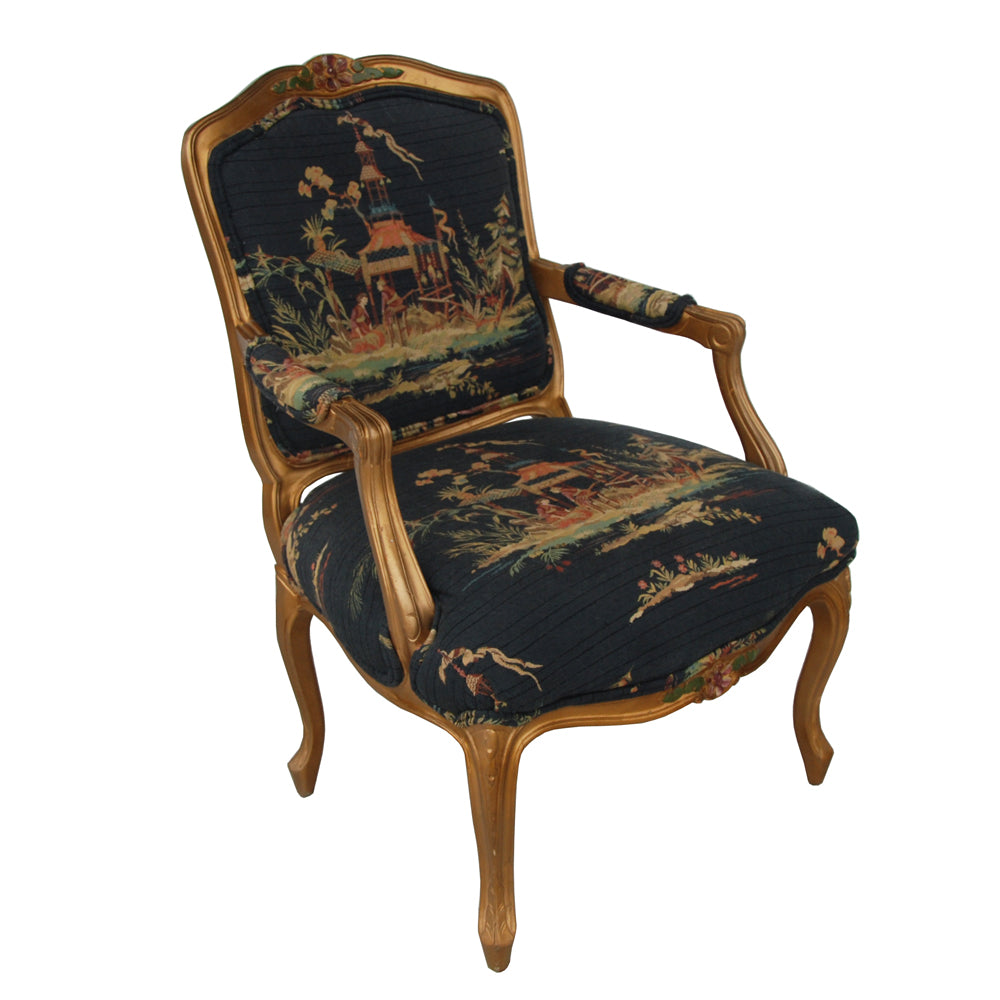French Bergeres Carved Wood and Chinoiserie Print Armchair
