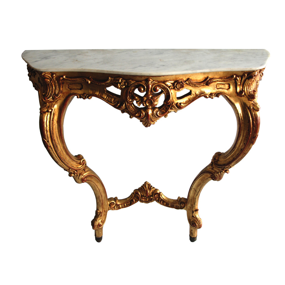 19th Century Italian Rococo Style Wall Mount Giltwood Marble Console Table