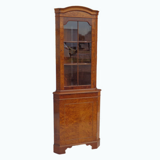 71″ British walnut corner cabinet with shelves