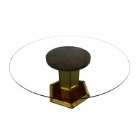 60″ Henredon Round Brass Burl Wood Glass Top Center Dining Table
