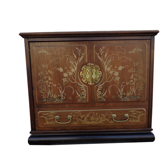 Vintage wooden TV stand on casters with pull up door