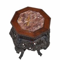 Antique Chinese Carved Teak Wood Floral Table with Marble Insert