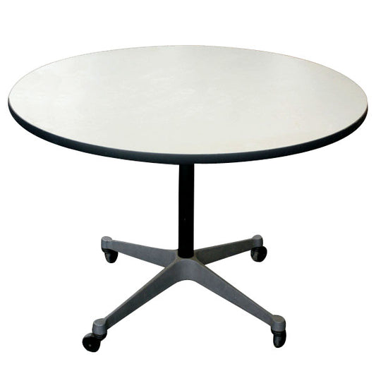 Herman Miller Round Table by Eames, featuring your choice of casters or glides. Experience timeless style and mobility in this versatile furniture option.