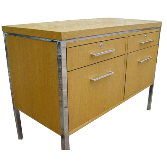 Refinished Mid Century Modern Alma Oak Chrome credenza with sleek design