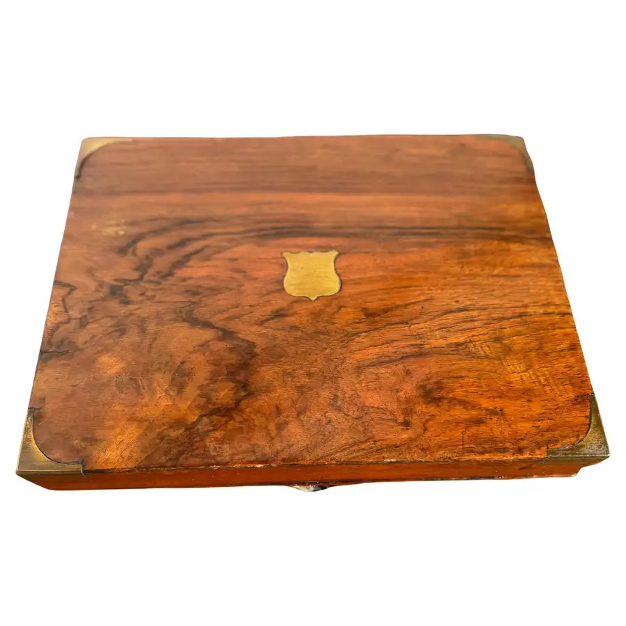 antique burl walnut lap desk with brass inlay writing box