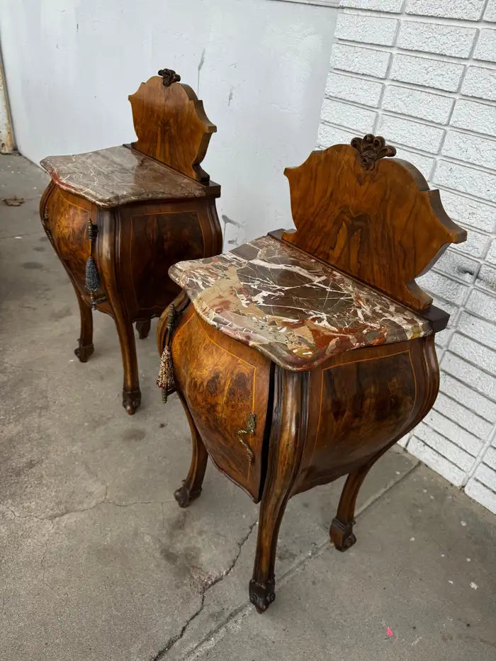 vintage French provincial bedside tables curved bombe design marble surface