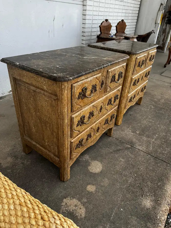 classic marble top nightstands with antiqued wood and brass hardware