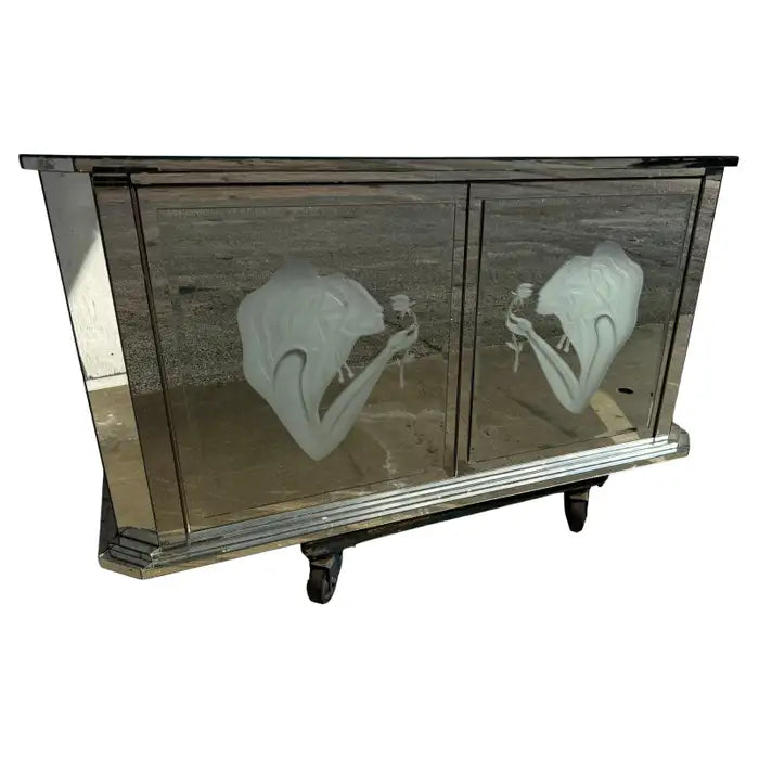 art deco mirrored cabinet frosted etched glass doors storage