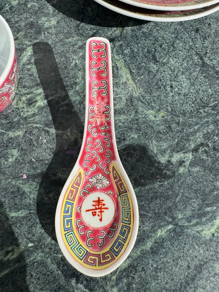 Asian porcelain plate set Mun Shou design tableware