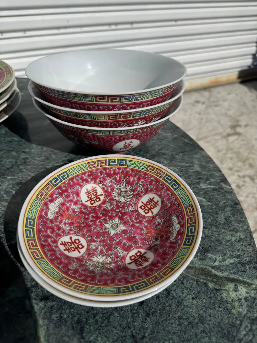 Mun Shou porcelain dish set traditional Chinese design