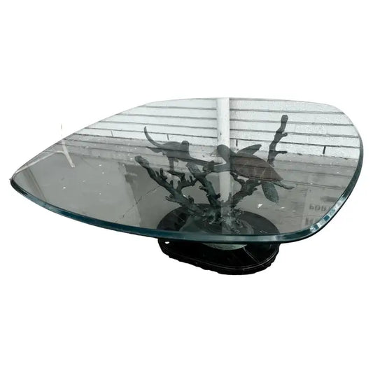 bronze sea turtle coffee table with sculptural base and glass top
