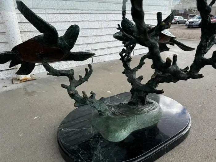 coastal style bronze sea turtle table with glass surface