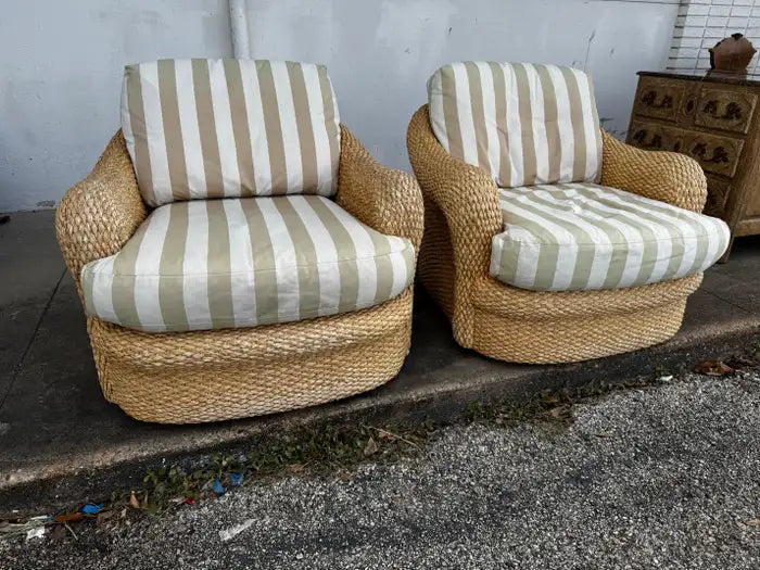 custom wicker chairs with swivel base and upholstered cushions