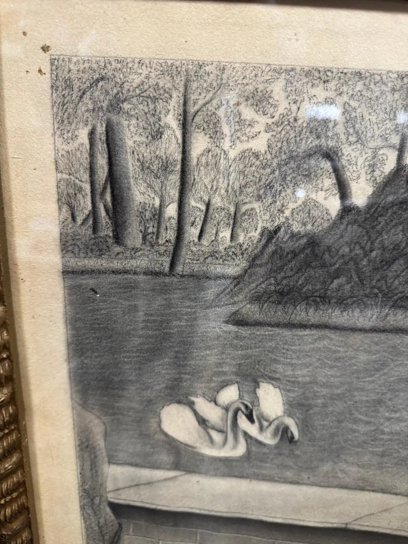 Classic swan pond and dog drawing, collectible