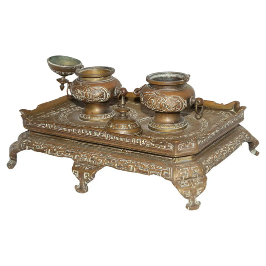Antique Brass Filligree Double Inkwell