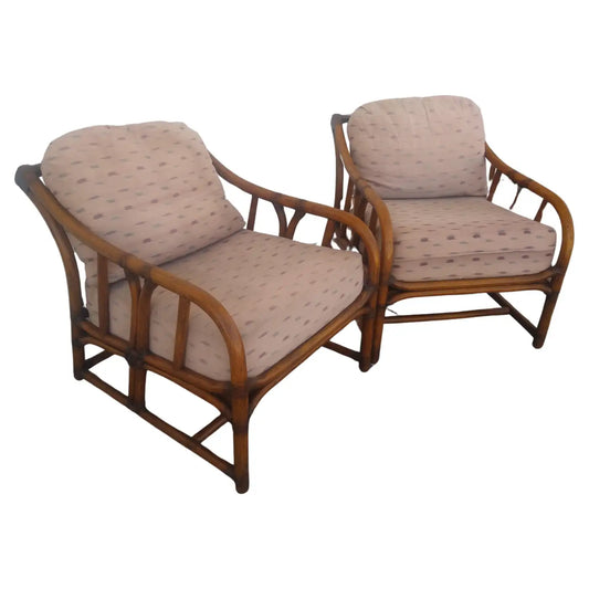Rare Pair of Ficks Reed Bamboo Boho Chic Lounge Chairs (sofa & ottoman)