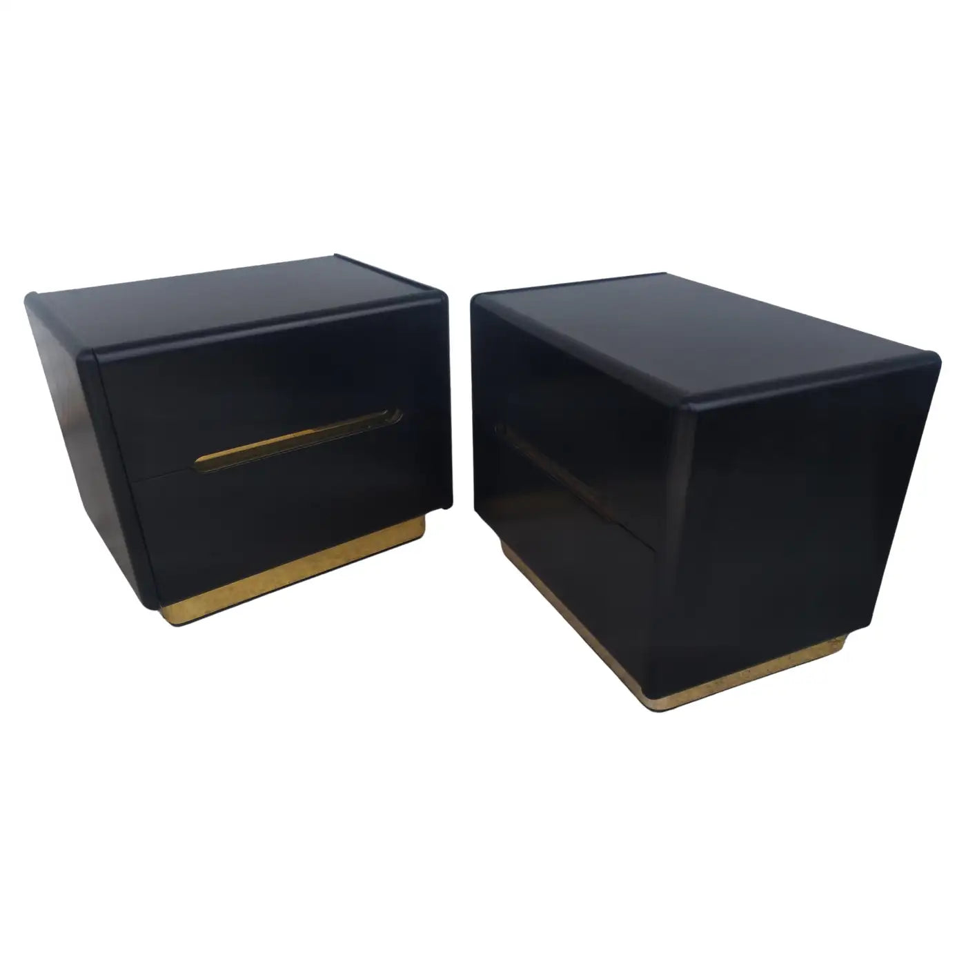 Pair of Lane Furniture Black Lacquer and Brass Nightstands