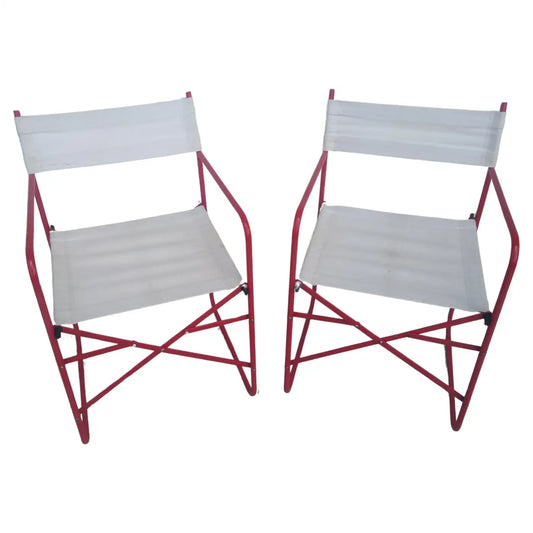 Pair of Red Metal Folding Director Chairs in White Fabric
