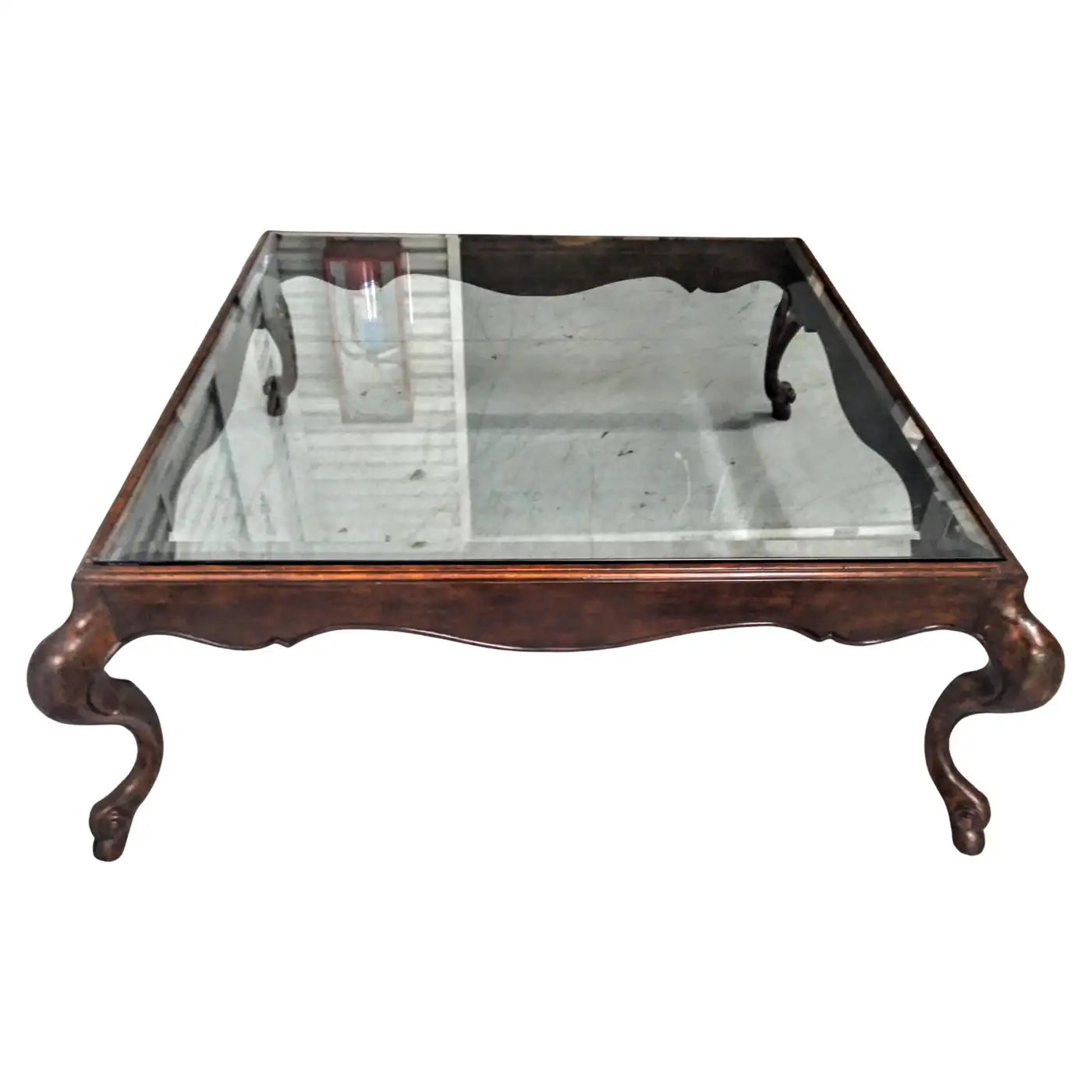 Glass top coffee table with Italian walnut swan legs