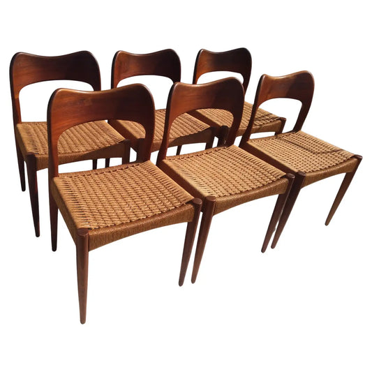 Set of 6 Arne Hovmand Olson Teak with Papercord seat Dining chairs