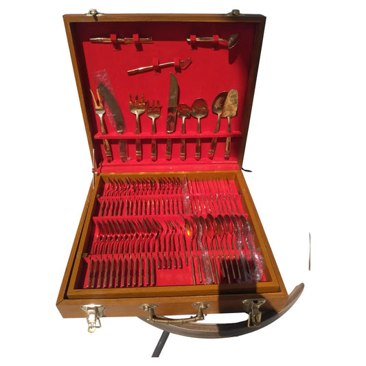 Vintage 144 pc. Set of Thai Nickel Bronze Flatware in Teak case
