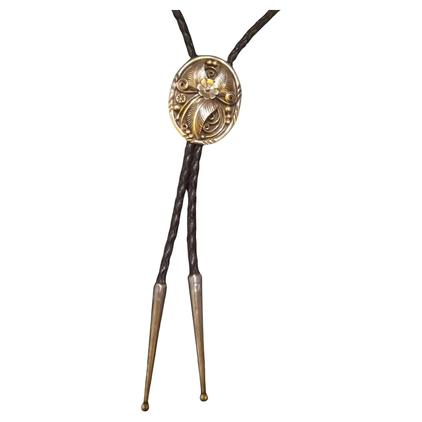 38" Leather and Sterling Silver Native American Bolo Tie w/ Applied Wire Medalli