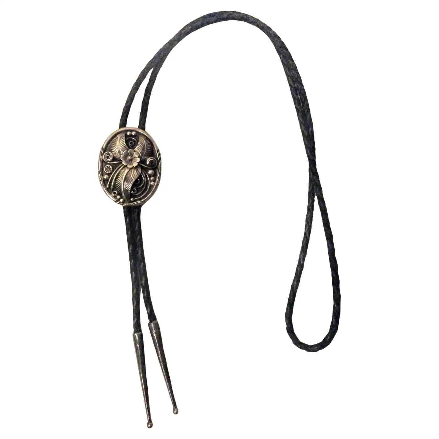 38" Leather and Sterling Silver Native American Bolo Tie w/ Applied Wire Medalli