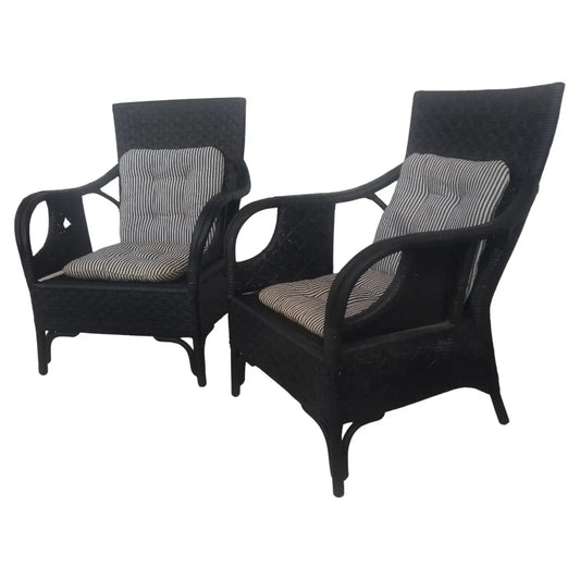 Pair of boho chic rattan and bamboo lounge chairs