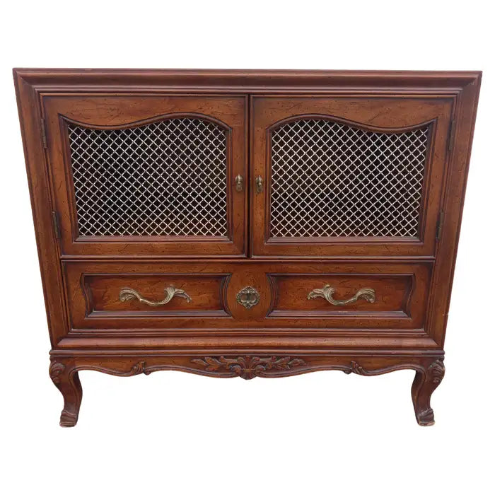 Henredon nightstand with classic design and small cabinet storage.