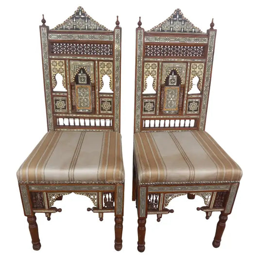 Antique Syrian inlaid chairs – handcrafted with exquisite detail.