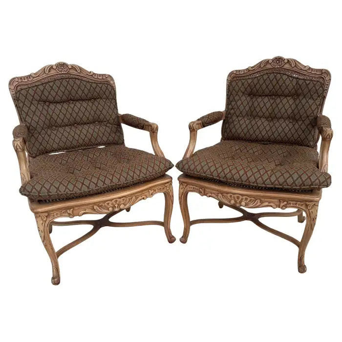 Pair of Louis XV Upholstered and Cane Back Chairs