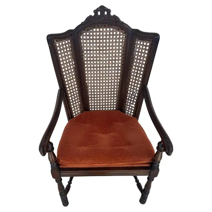 Antique Carved Wood Armchair with Cane Back