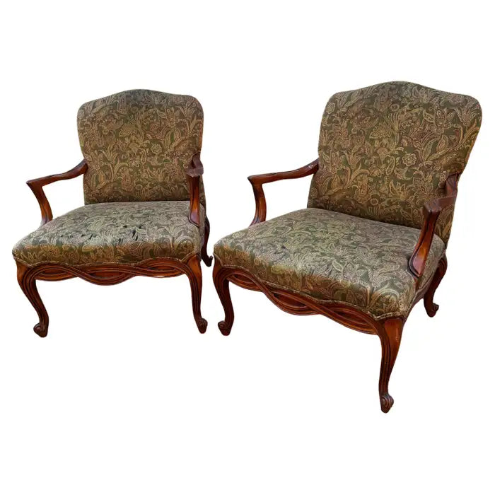 french provincial bergere chairs walnut upholstered accent pair